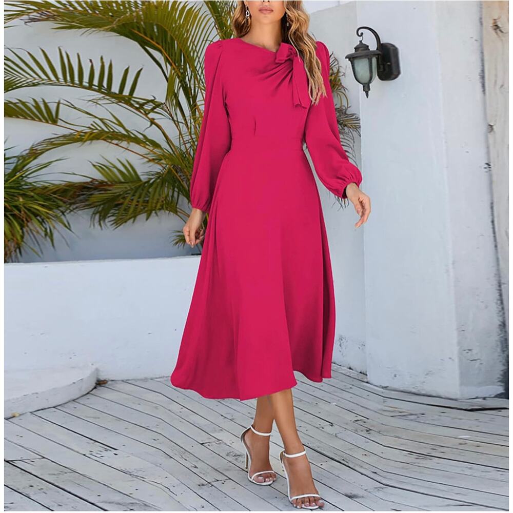 BTFBM Puff Sleeve Bow Tie Long Midi Dress
